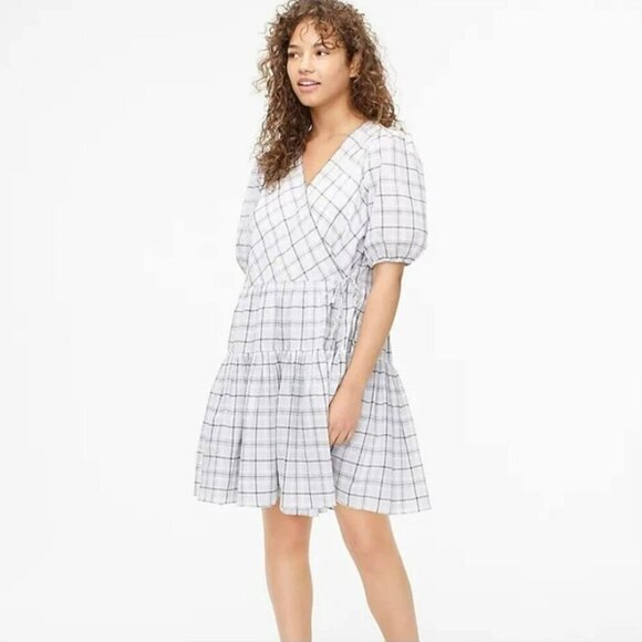 J. Crew Dresses & Skirts - J.Crew Puff Sleeve Wrap Dress Oyster Plaid NWT Women’s Medium